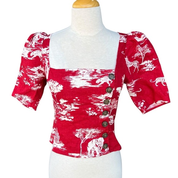 Reformation Leo Linen Top Nairobi Red Safari Print Button Detail Puff Sleeves 6 - Picture 2 of 15